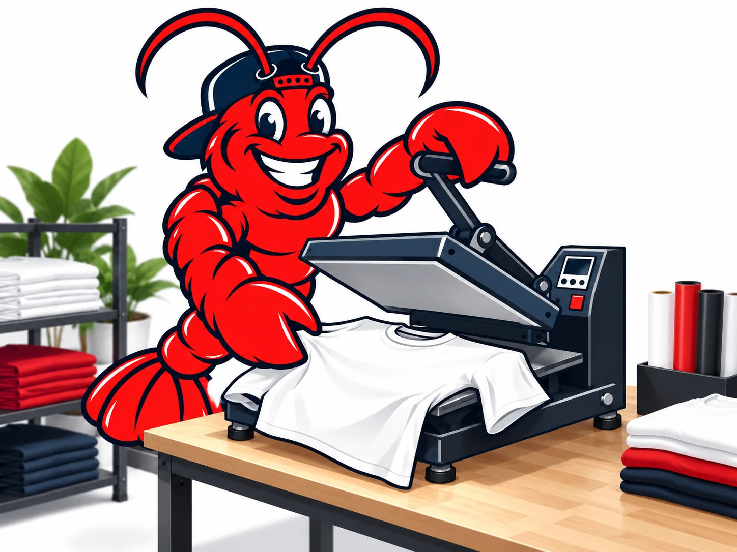 Boston Transfers mascot heat-pressing a design onto a t-shirt